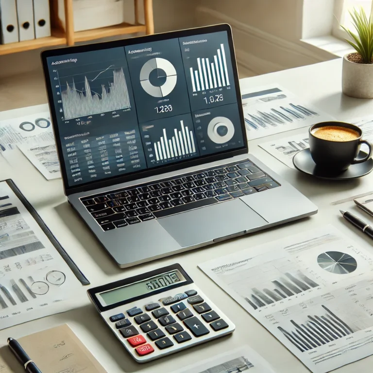 A modern desk setup with a laptop displaying an online accounting software dashboard featuring charts and graphs. The workspace includes a calculator, a cup of coffee, and neatly arranged documents, set in a clean and minimalist environment with ample lighting.