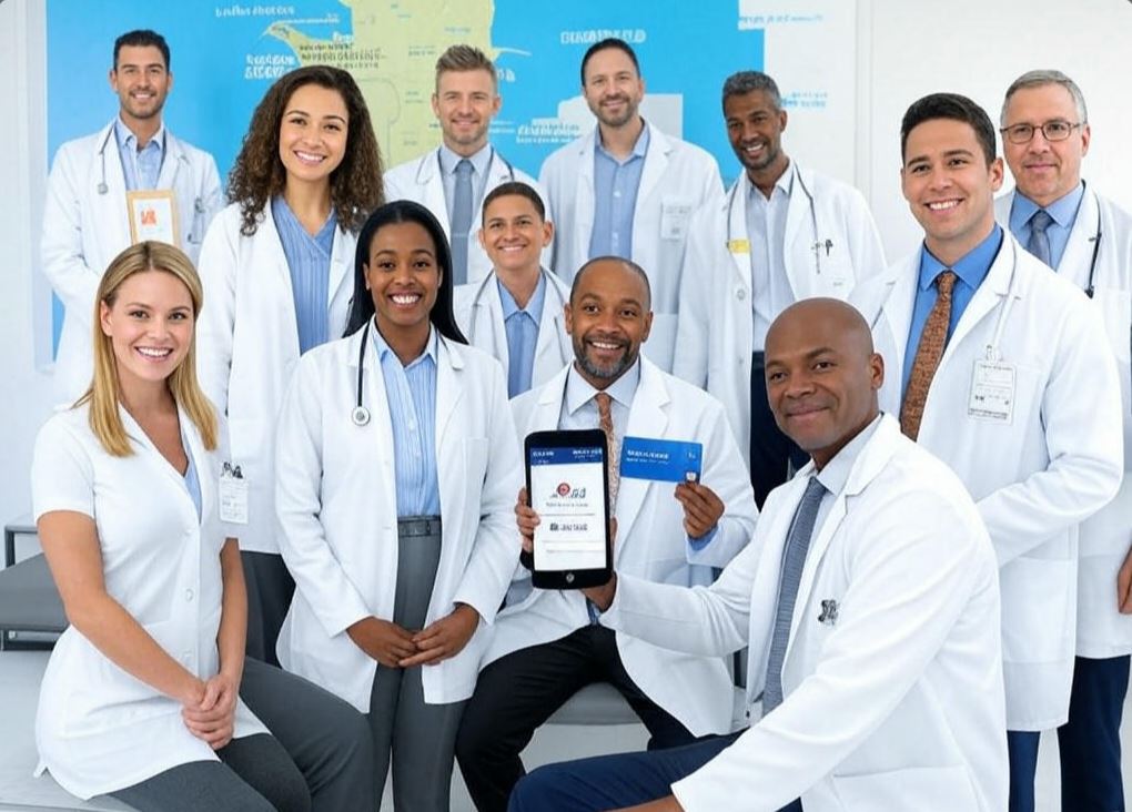 Vibrant blog post header featuring a diverse group of doctors in a modern medical setting, with a map of South Florida highlighting Miami-Dade, Broward, and Palm Beach Counties in the background. A smartphone displays the Zocdoc app, alongside insurance cards and a friendly insurance expert, Sam Bennett, assisting a patient. Bright, welcoming colors emphasize health and care.