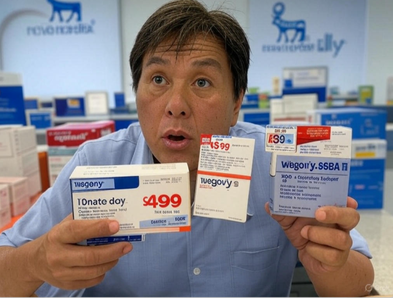 A man in a pharmacy holds up various boxes of medication labeled with different prices, including "$499," "$99," and "$39," with Novo Nordisk and Eli Lilly branding visible in the background.