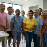 A vibrant illustration of a diverse group of people in a South Florida medical setting, featuring a doctor, nurse, and patients. The scene includes medical symbols like a stethoscope and a health insurance card, set against a colorful background with palm trees and a bright blue sky, emphasizing community and care.