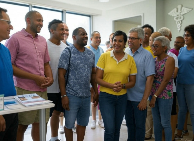 A vibrant illustration of a diverse group of people in a South Florida medical setting, featuring a doctor, nurse, and patients. The scene includes medical symbols like a stethoscope and a health insurance card, set against a colorful background with palm trees and a bright blue sky, emphasizing community and care.