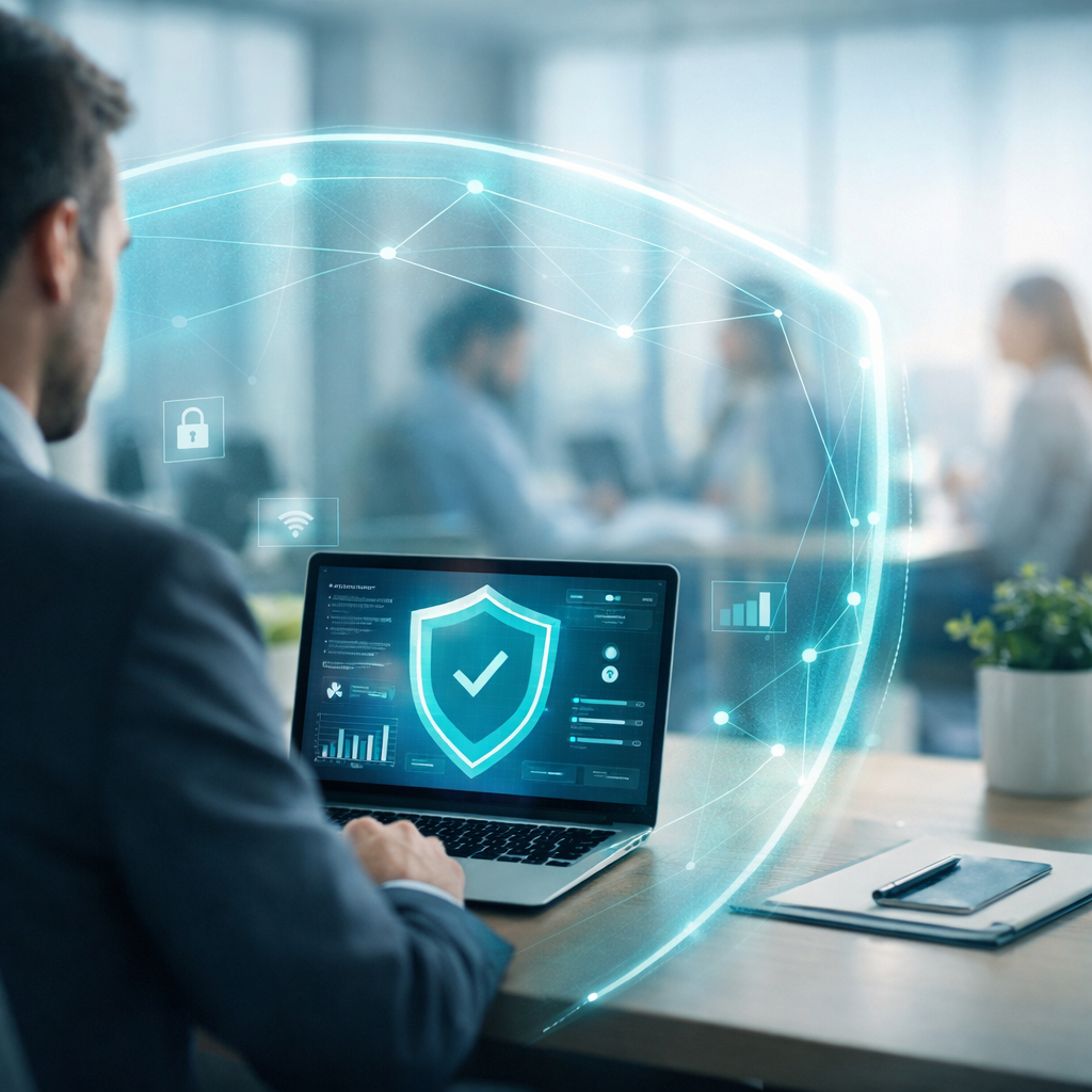 Cybersecurity insurance and cyber risk protection concept showing secure business workspace protected by digital security shield