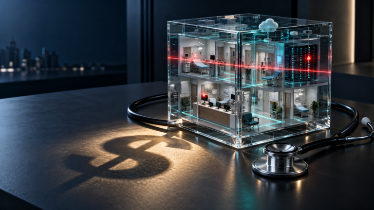 Medical practice inside a transparent data cube being scanned for cyber risks, casting a dollar-sign shadow.