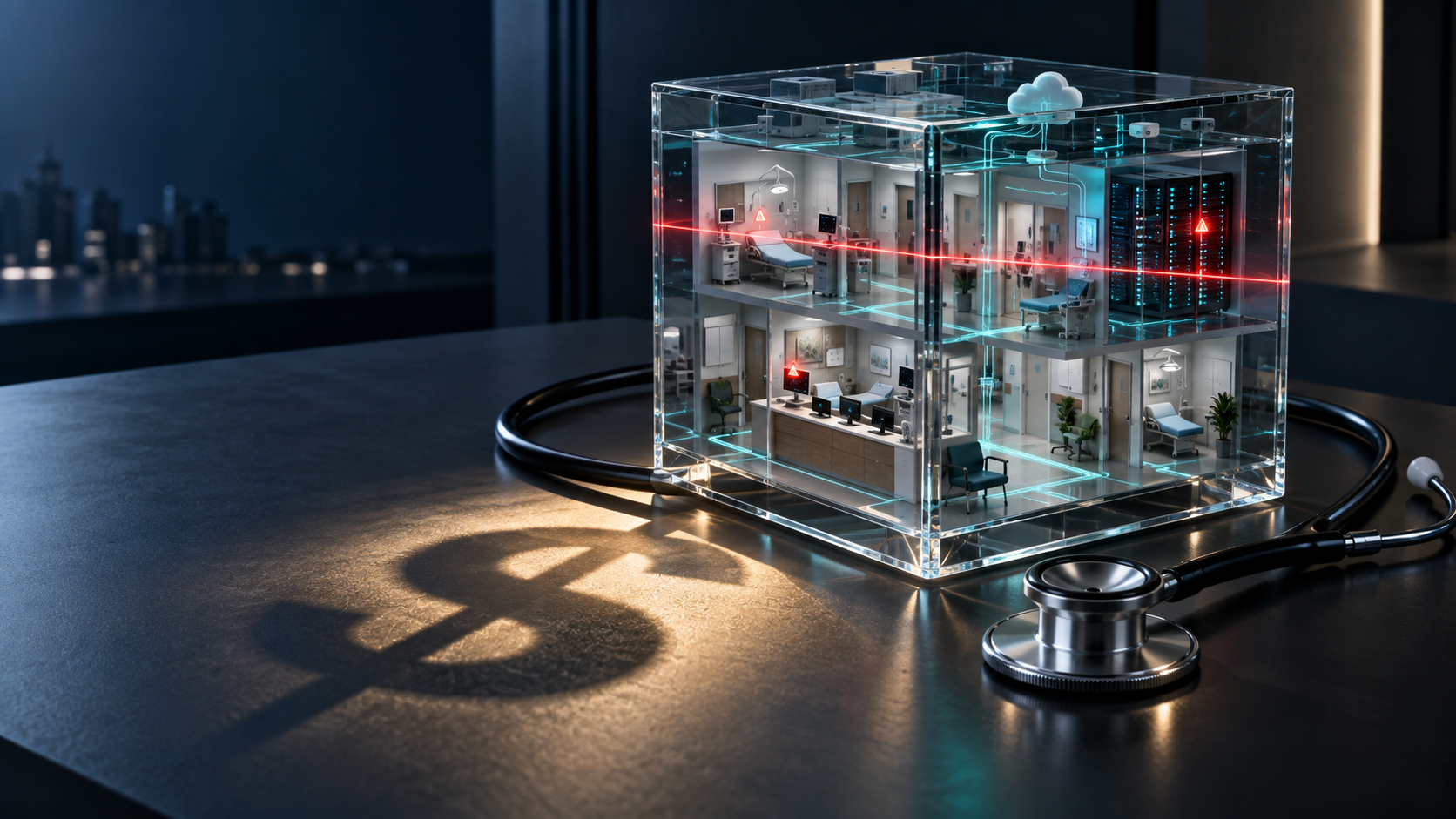 Medical practice inside a transparent data cube being scanned for cyber risks, casting a dollar-sign shadow.