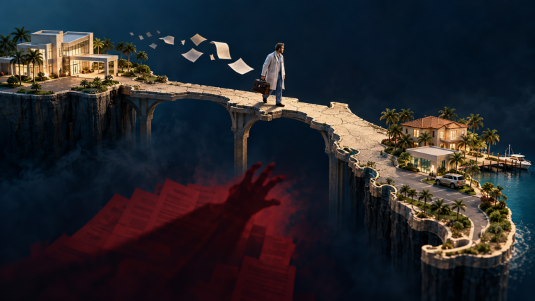 Florida physician crossing an exposed bridge representing the risks of practicing without malpractice insurance
