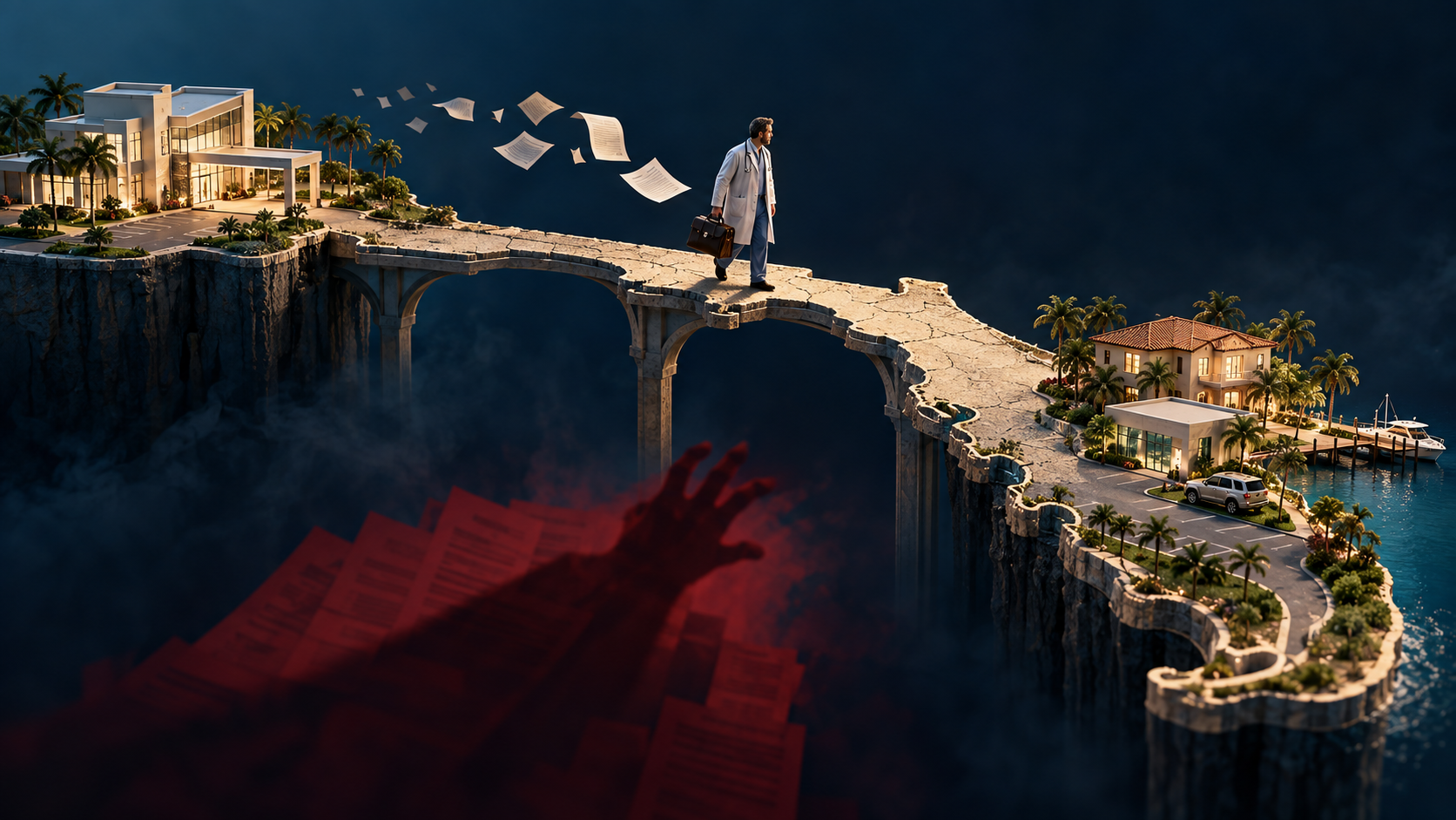 Florida physician crossing an exposed bridge representing the risks of practicing without malpractice insurance